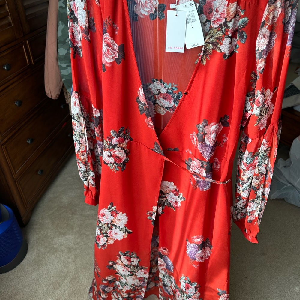 Renamed Red Flower Wrap Midi Dress, Women’s Size L, new with tags